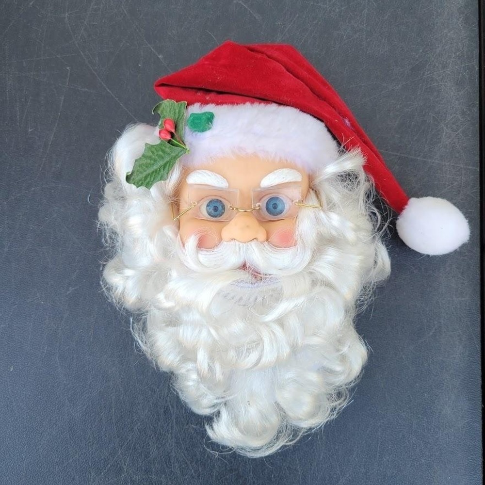 Santa Claus Wall Sculpture Red Hat White Beard Fabric Plastic Hanging Christmas